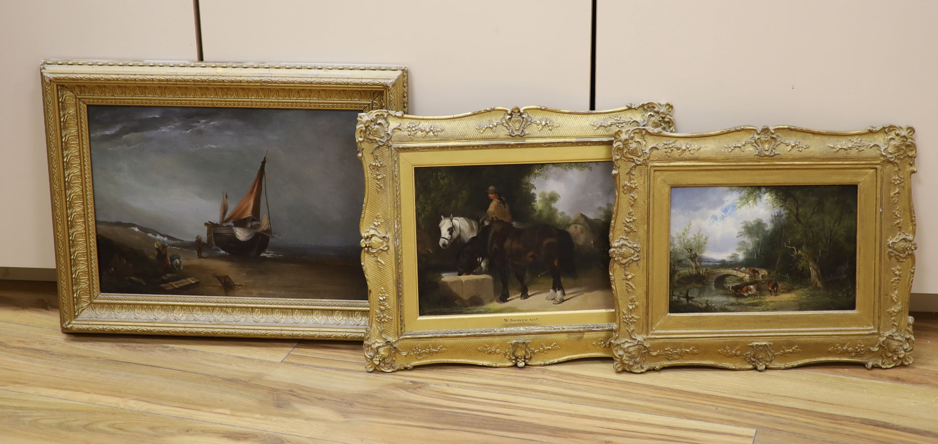 Three Victorian oils including William Shayer Senior, oil on canvas, horses watering, 19.5 x 26 cm; English school, oil on board, cows by a river, 16.5 x 24 cm and Oil on canvas Fisherman by a boat, 26 x 37 cm (3)